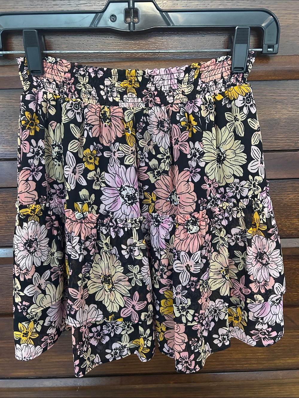 BB Dakota by Steve Madden Black Floral Tiered Skirt with Pink & Yellow Blooms